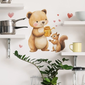 Cartoon brown bear and squirrel wall stickers with hearts for bedroom home wall decor