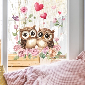 Romantic owl couple window stickers with hearts and roses for Valentine home decoration