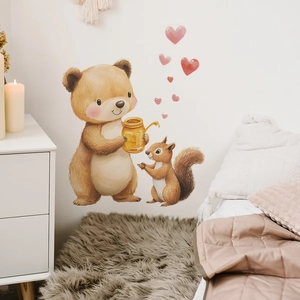 Cartoon bear and squirrel wall decals with honey jar and hearts for bedroom decor