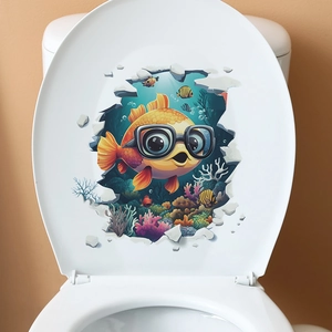 3D cartoon fish bathroom decal showing yellow fish with glasses on a white toilet lid