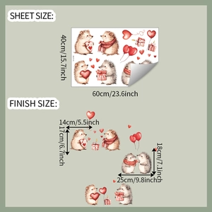 Detail view of cartoon hedgehog wall stickers showing sheet size and layout dimensions