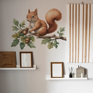 Hand-painted squirrel on oak branch wall decal for cozy living room and nursery decor
