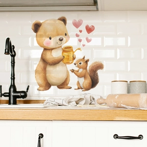 Cartoon bear and squirrel wall decals for kitchen backsplashes with hearts and honey jars