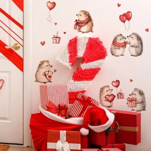 Cartoon hedgehog wall decals with red hearts for Valentine's Day room decoration