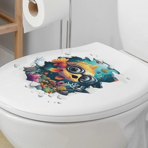 3D ocean world toilet sticker showing a cartoon yellow pufferfish and coral reef detail