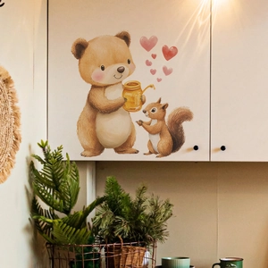 Cartoon bear and squirrel wall stickers with hearts for bedroom and living room decor