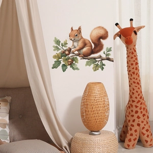 Hand-painted squirrel wall decal with acorn branches for nursery and home decoration