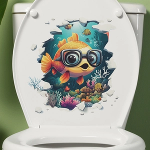 3D ocean world toilet sticker with cartoon goldfish, coral and tropical fish for bathroom