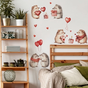 Hedgehog wall decals with red heart balloons for bedroom or living room wall decoration