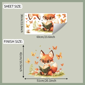 Detail of fox reading book wall sticker showing sheet size 30x60cm and finish size 42x51cm