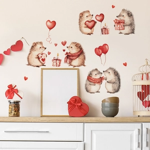 Cute Hedgehog Heart Balloon Wall Stickers PVC Self-Adhesive Valentine's Day Decorative Decals For Bedroom Living Room Decor
