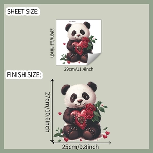 Detailed sheet and finish size dimensions for the cartoon panda rose toilet sticker