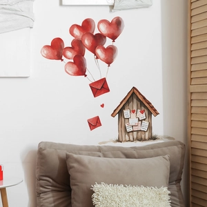 Romantic watercolor heart balloons and wooden house wall stickers for home decoration