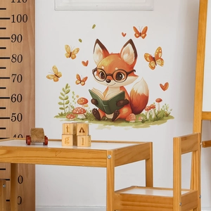 Cartoon fox reading book wall decal with mushrooms and butterflies for nursery decor
