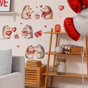 Cartoon hedgehog wall stickers with red hearts and balloons for romantic home decor