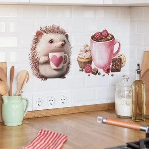 Niedlicher Igel und Nachtisch Wandaufkleber für Küchendekoration auf weißer Fliese