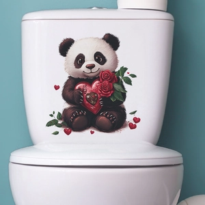 Cartoon Panda Heart Rose Valentine's Day Toilet Sticker Waterproof PVC Bathroom Decoration Decal Home Wall Mural Sticker
