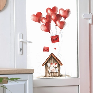 Romantic watercolor wall sticker featuring heart balloons and cottage on a glass door