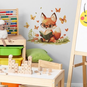 Cute orange fox reading book wall decal for kids room with butterflies and mushrooms