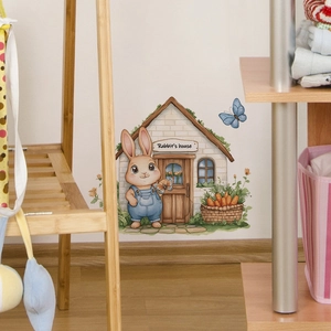Sticker mural maison de lapin mignon avec petit lapin et décor coloré peint à la main