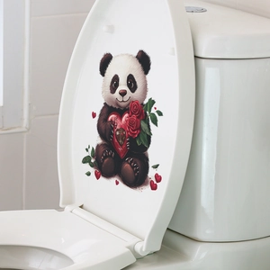 Cartoon panda with red hearts and roses sticker on a white toilet lid for bathroom decor