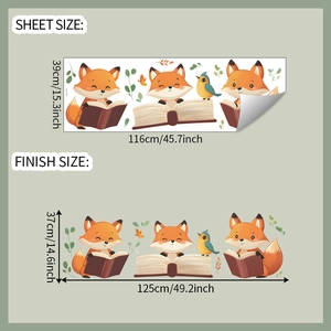 Dimensions de la feuille et rendu final du sticker mural renard qui lit