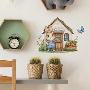 Stickers muraux lapin avec maison, carottes et papillons pour chambre d'enfant