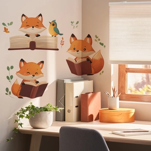 Autocollants muraux renard mignon lisant des livres pour chambre d enfant et bureau