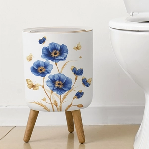 Nordic white trash can with blue floral and gold butterfly prints on wooden legs