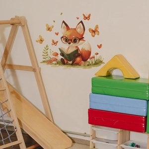 Cartoon fox reading book wall decal with butterflies for nursery room decoration