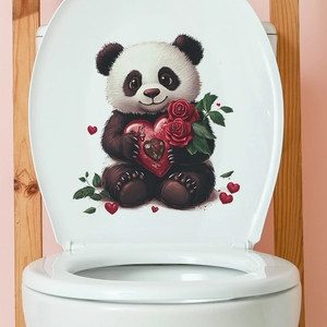 Waterproof PVC toilet lid sticker with a cute panda holding a heart and red roses decoration