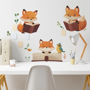 Sticker Mural Renard De Dessin Animé Mignon Lisant Des Livres En PVC Oiseau Feuilles Décalcomanie Décorative Pour Chambre D'Enfant