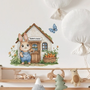 Sticker Mural en PVC Maison de Lapin Dessin Animé Coloré Maison d'Animal Carotte Papillon Décoration Murale pour Chambre d'Enfant