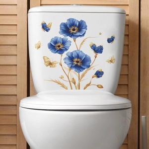 Elegant Blue Poppy Flower And Butterfly Toilet Sticker Waterproof PVC Bathroom Tank Decoration Art Mural Home Decal