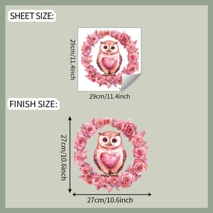 Detail view of owl heart wreath wall sticker with 29x29cm sheet size specifications