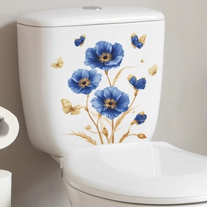 Elegant blue flower and gold butterfly toilet decals for bathroom home decoration