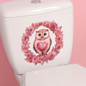 Cute owl and pink rose wreath wall sticker on white toilet tank for home decoration