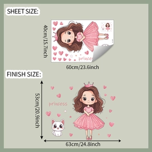Stickers muraux princesse montrant la taille de planche 40x60cm et l'effet 53x63cm