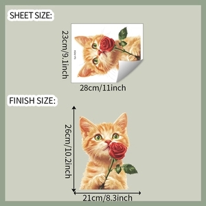 Dimensions de la planche et résultat final du sticker chat mignon avec une rose rouge