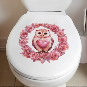 Pink owl and rose heart wreath waterproof wall decal on a white toilet cover decor