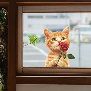 Sticker de fenêtre chat orange avec rose rouge pour décoration de maison et voiture