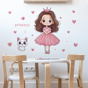 Stickers muraux princesse et chat de dessin animé pour décoration chambre d'enfant