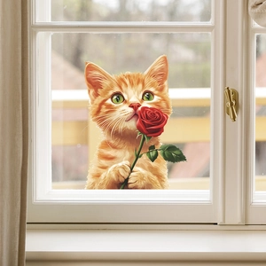 Sticker 3D chat orange mignon avec rose rouge sur fenêtre pour décoration intérieure