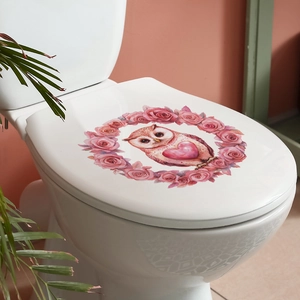 Watercolor owl heart floral wreath toilet lid sticker for home bathroom decoration