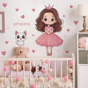 Stickers muraux princesse et chat avec cœurs roses pour déco chambre d'enfant