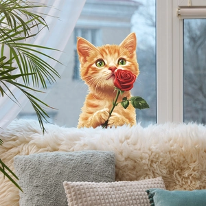 Sticker de fenêtre chat orange et rose rouge pour décoration intérieure chaleureuse