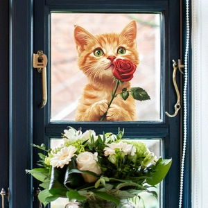 Mignon Chat Orange Tenant Une Rose Rouge Sticker De Fenêtre 3D Décalcomanie Décorative En PVC Pour Vitre Maison