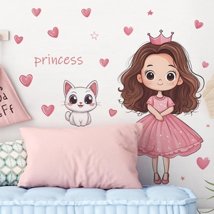 Stickers muraux princesse et chat rose pour décoration de chambre de fille