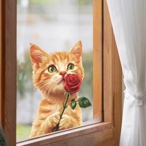 Sticker de fenêtre chat orange avec rose pour décoration de balcon et maison