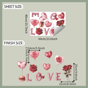 Detailed sheet showing pink Valentine roses and hearts wall decal dimensions and layout